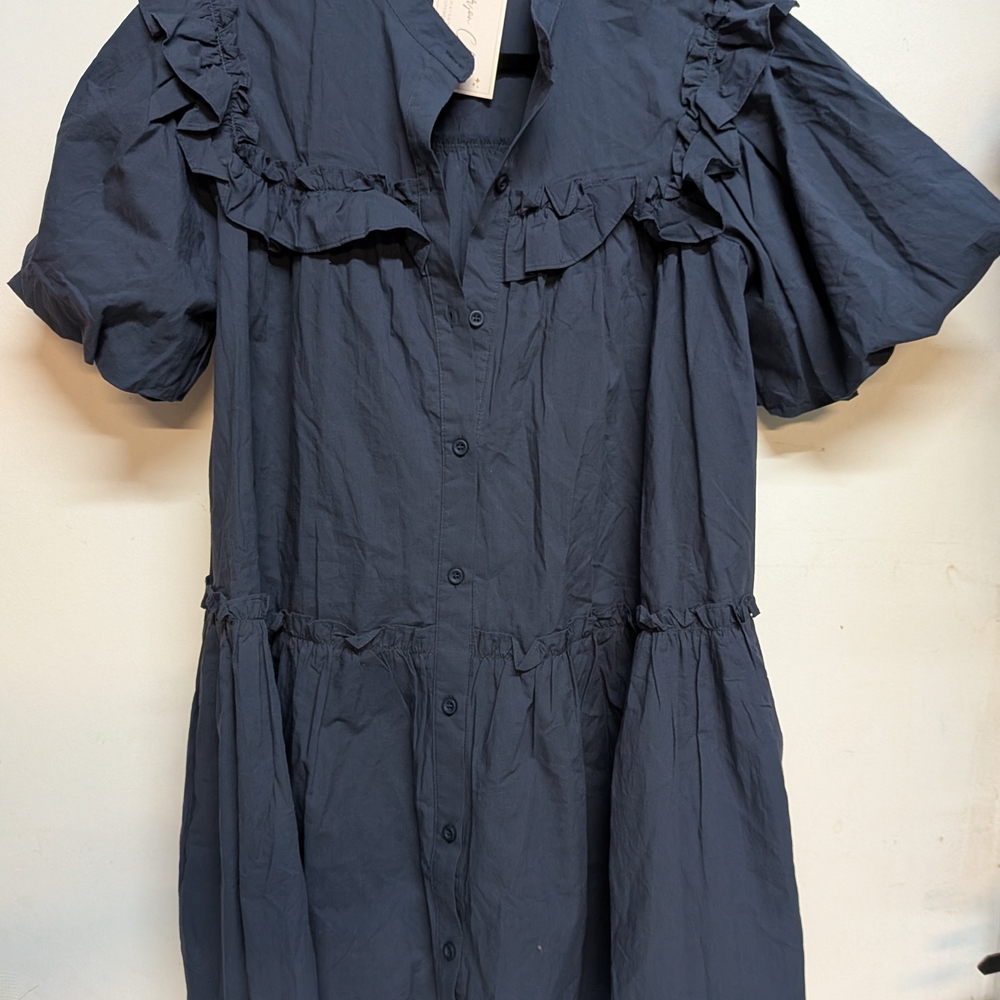 Elegant Long Sleeve Navy Dress with Ruffles